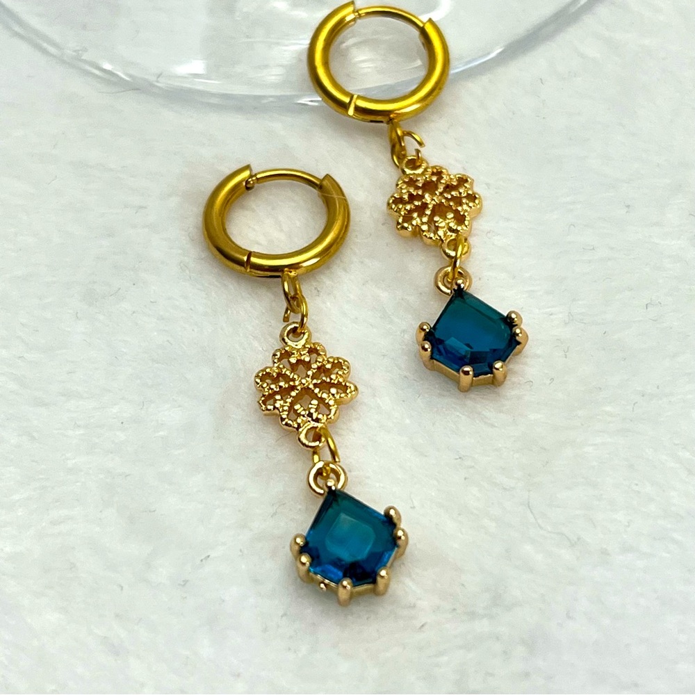 Peacock Blue Glass Gold Dangle Earrings
